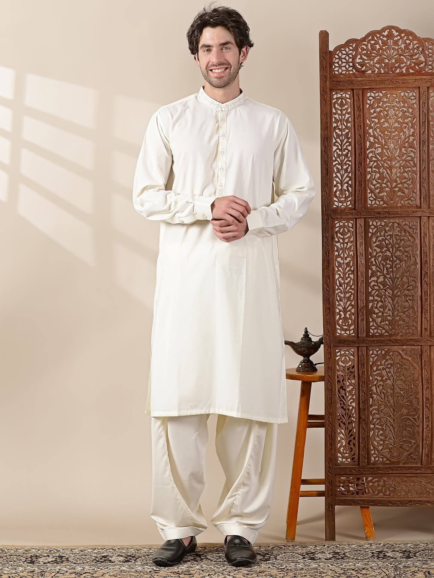 Cream Semi-Formal Kameez Salwar Set